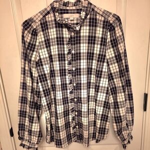LOFT Black & White Plaid Ruffle Button-Up Blouse